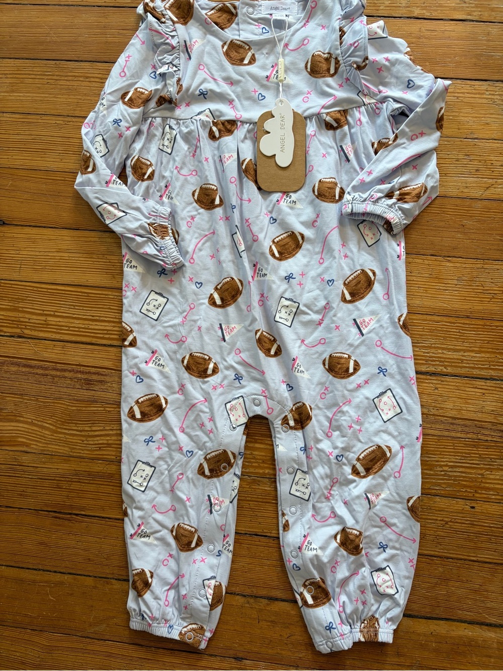 Angel Dear Cream Gray Football-Print One-Piece with Pink & Brown Accents
